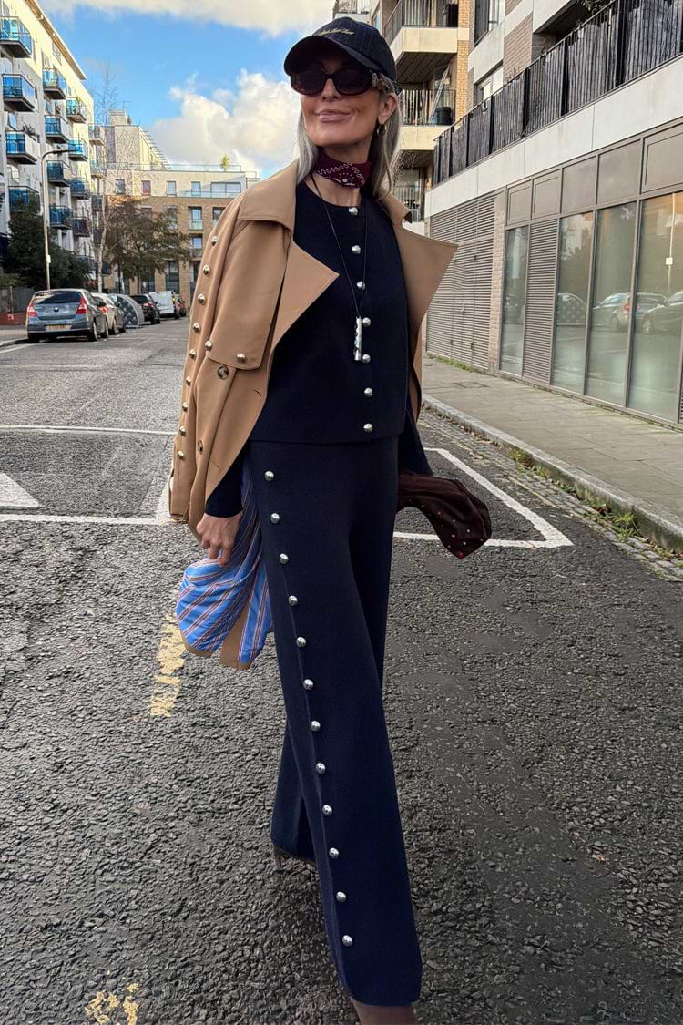 Navy Studded Knit Jogger with silver stud details, styled as a co-ord with a camel trench for a London street look.