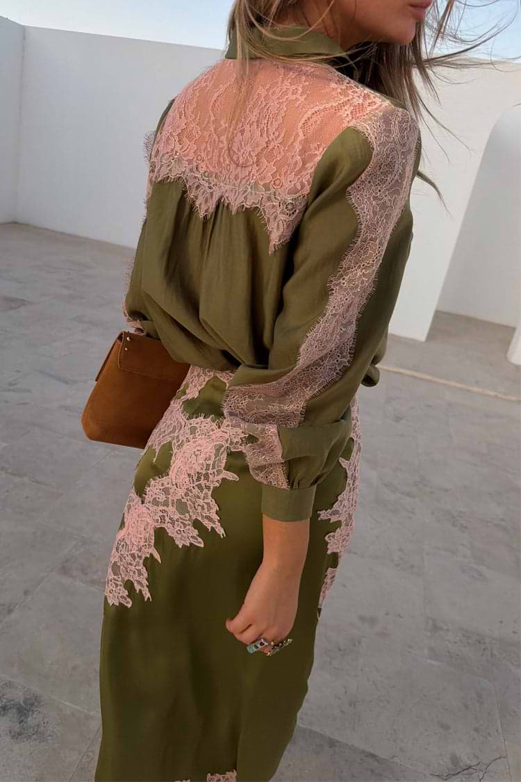 Olive and Pink Lace Marley Shirt with pink lace panels on the back and sleeves, styled with a matching lace skirt.