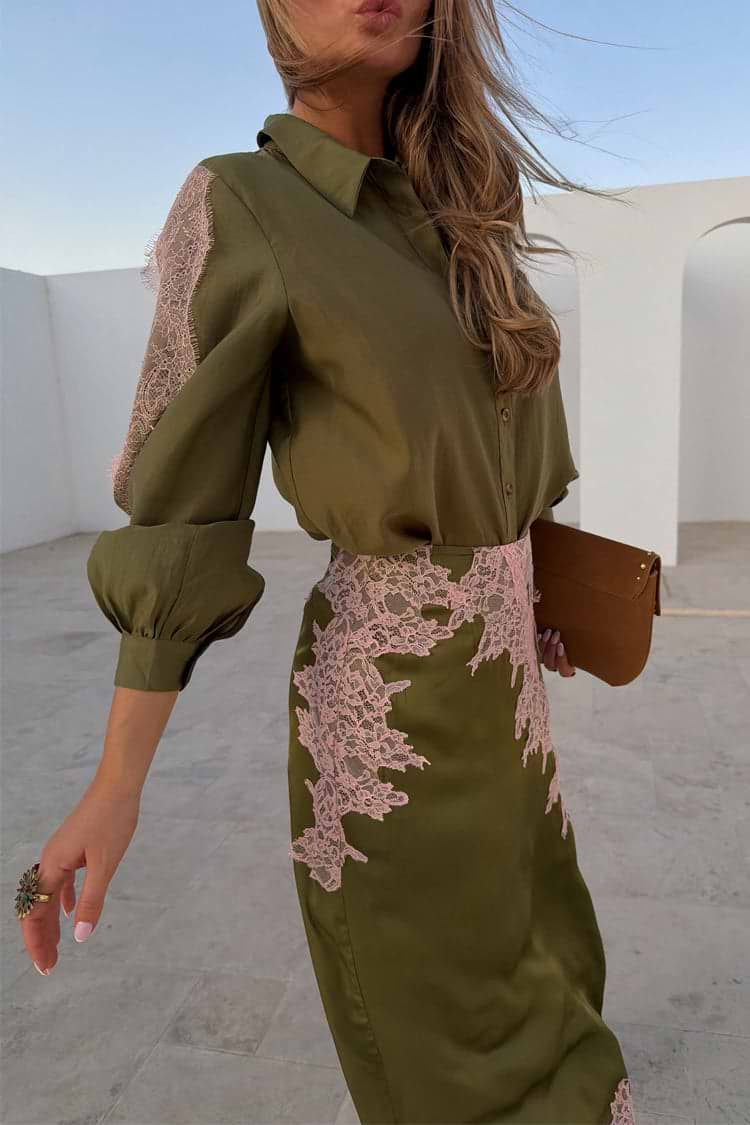 Olive & Pink Lace Marley Shirt with pink lace sleeves, styled with a matching lace skirt in a vacation setting.