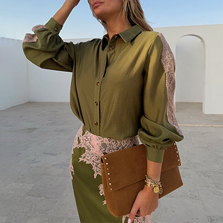 Olive and pink lace Marley shirt with sleeve panels, styled with a matching lace skirt and brown clutch bag.