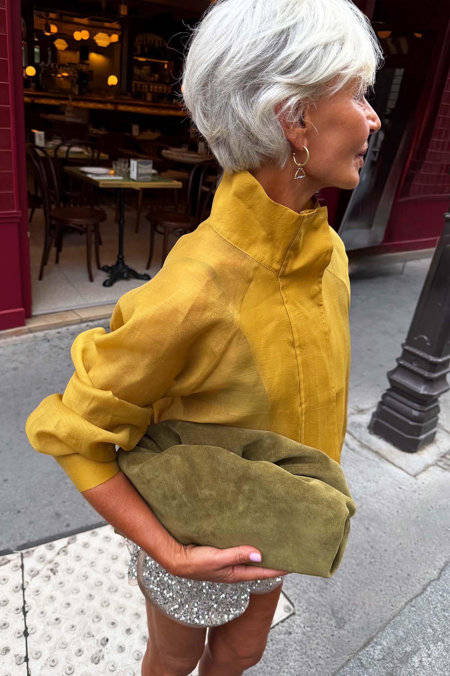 Olive Organza Funnel Neck Jacket