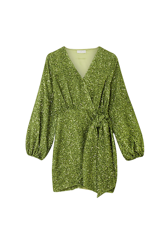 Olive Sequin Mini Vienna Dress with a wrap tie waist and voluminous sleeves in a sparkling green finish.
