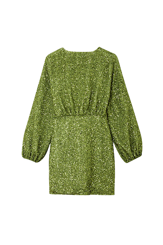 Olive Sequin Mini Vienna Dress in green with balloon sleeves and gathered waist, shown from the back.