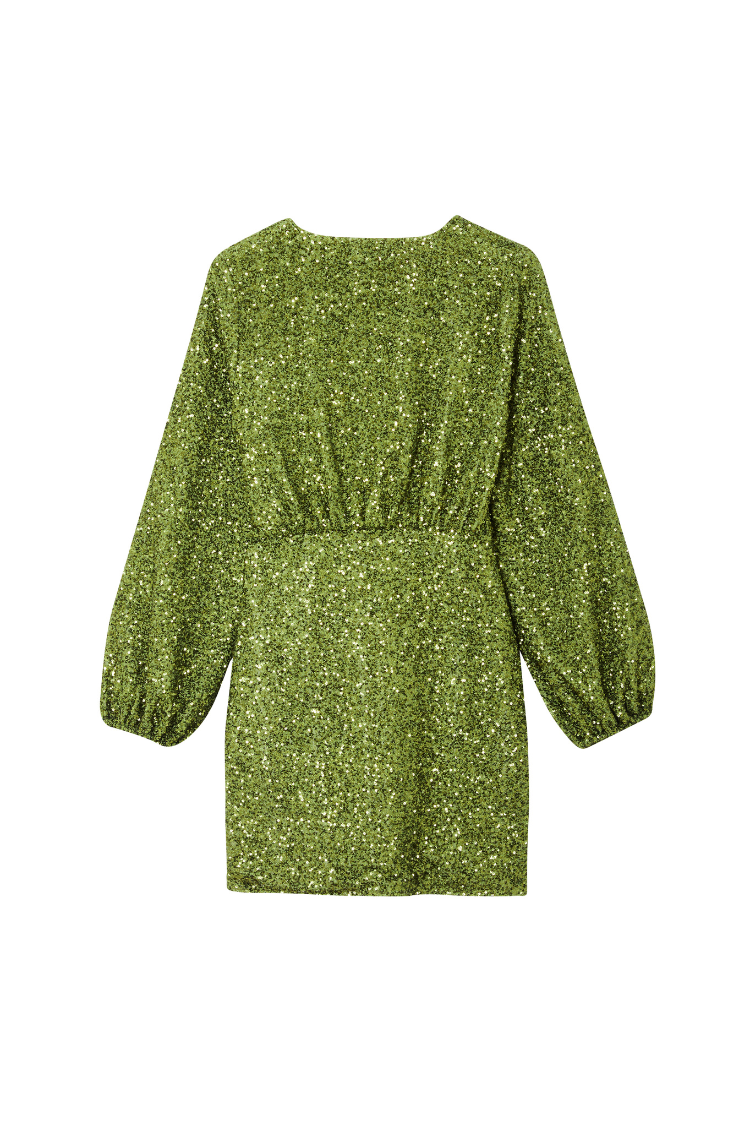 Olive Sequin Mini Vienna Dress in green with balloon sleeves and gathered waist, shown from the back.
