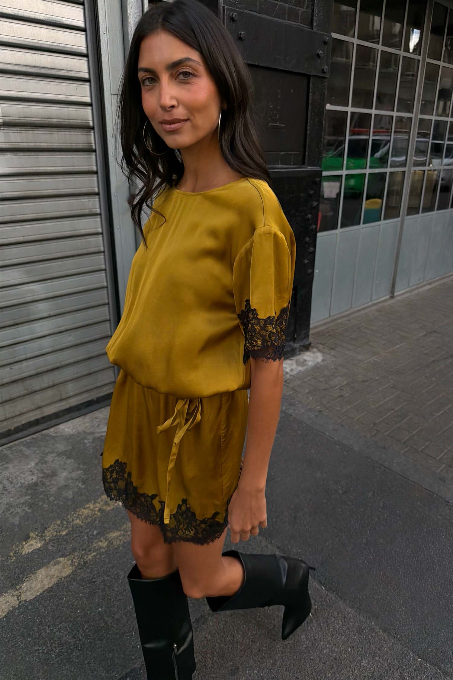Olive & Black Lace T-Shirt Dress