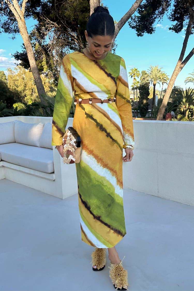 Green Ombre Alba Dress featuring earthy green and yellow tones, long sleeves and natural stone beading.