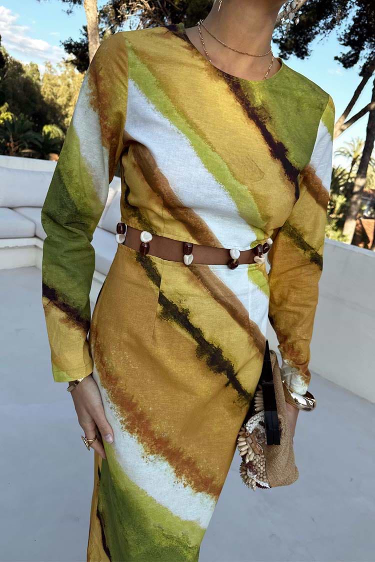 Green Ombre Alba Dress in earthy green and yellow tones with long sleeves and natural stone beading.
