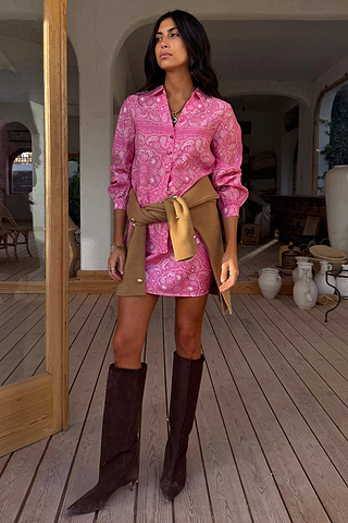 Pink Bandana Miley Shirt with blouson sleeves and a floaty silhouette, styled with a tan wrap and brown boots.