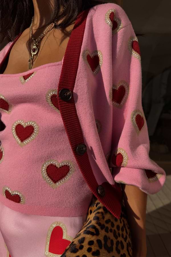 Pink Hearts Knit Tank and cardigan co-ord featuring red heart prints, designed in-house on a pink knit.