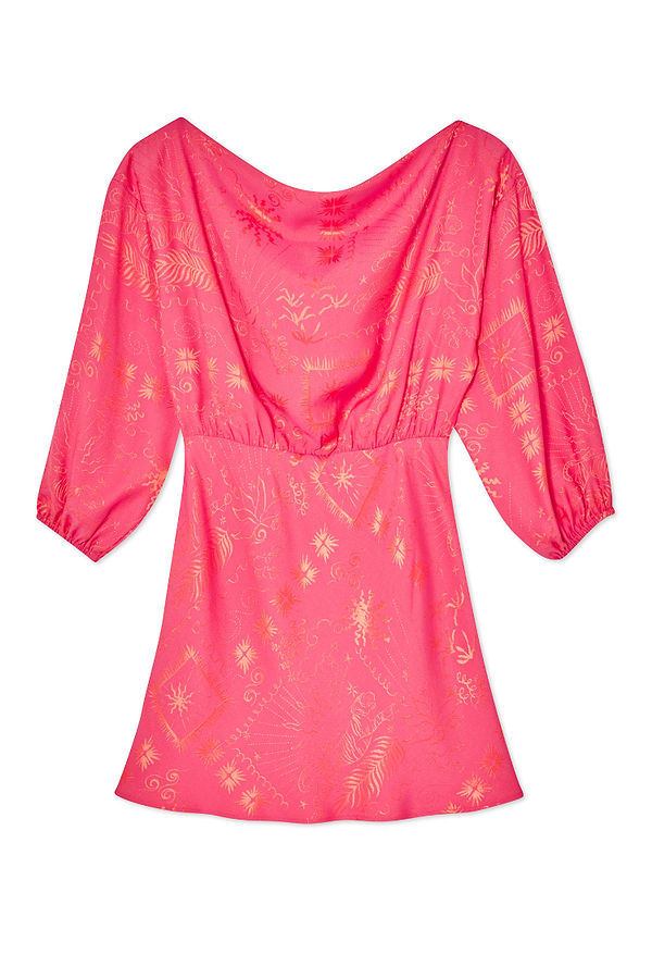 Pink Safari Mini Tilly Dress in pink jacquard with a floral and palm print, long sleeves and elasticated waist.