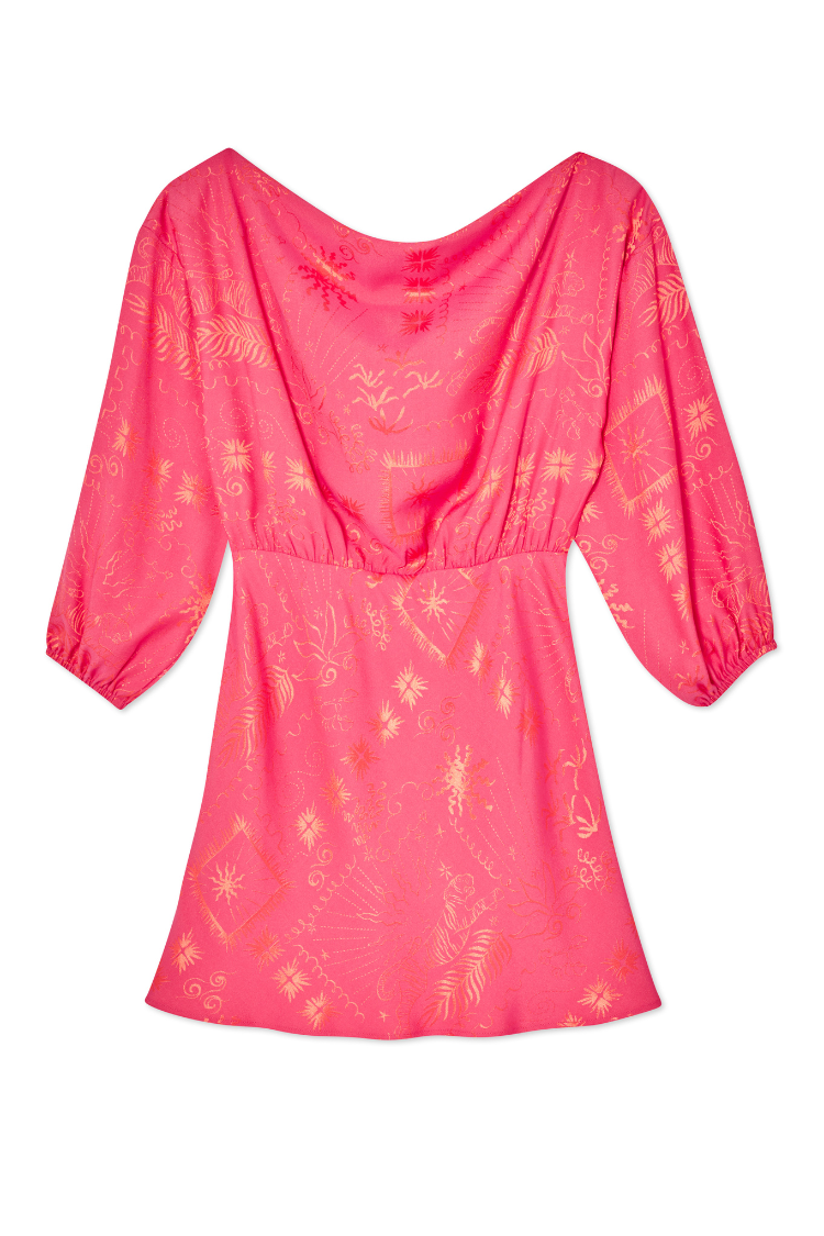 Pink Safari Mini Tilly Dress in pink jacquard with a floral and palm print, long sleeves and elasticated waist.