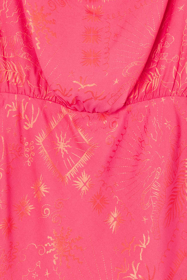 Pink Safari Mini Tilly Dress detail showing the pink jacquard fabric and abstract safari sun and tiger print.