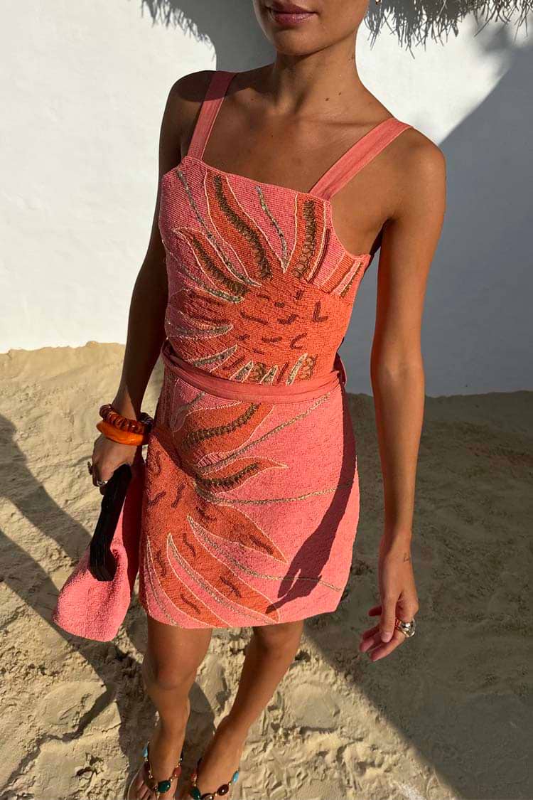Pink Sol Beaded Top with a sun motif in glass beads and sequins, styled as a matching summer co-ord.