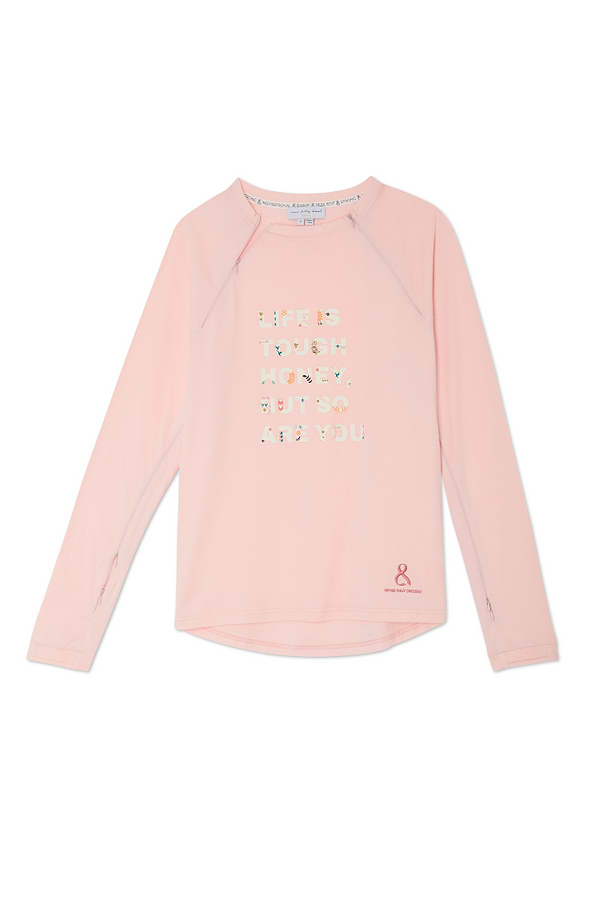 Pink Life is Tough accessible long sleeve t-shirt with floral graphic text and functional treatment zips.