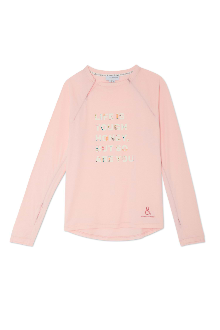 Pink Life is Tough accessible long sleeve t-shirt with floral graphic text and functional treatment zips.