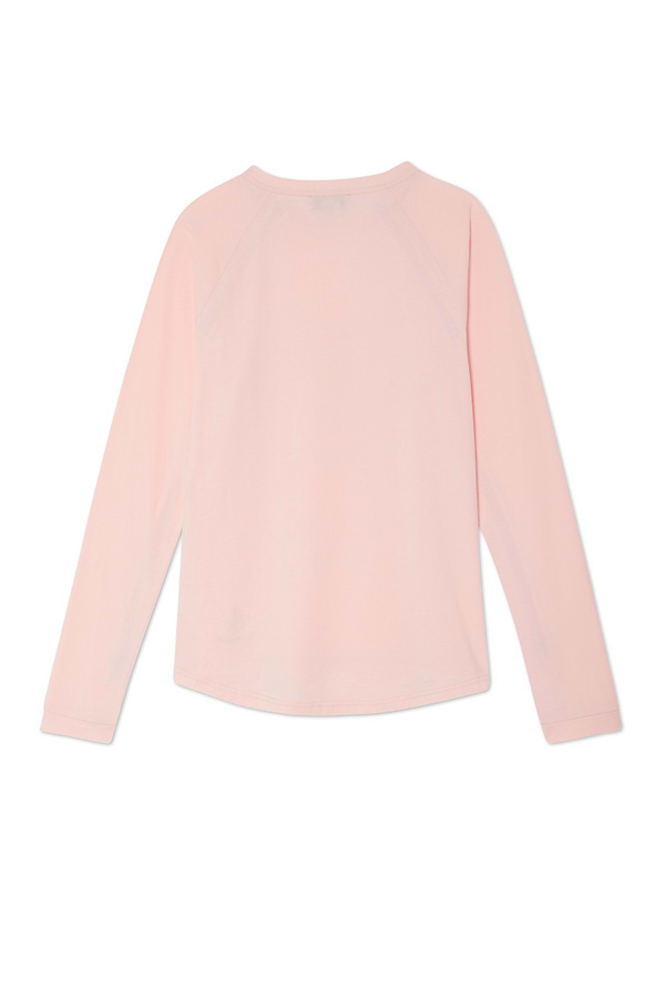 Back view of the baby pink Life is Tough Accessible T-Shirt featuring long raglan sleeves and a curved hemline.