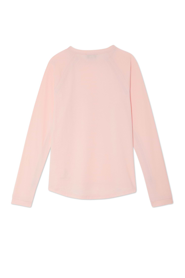 Back view of the baby pink Life is Tough Accessible T-Shirt featuring long raglan sleeves and a curved hemline.