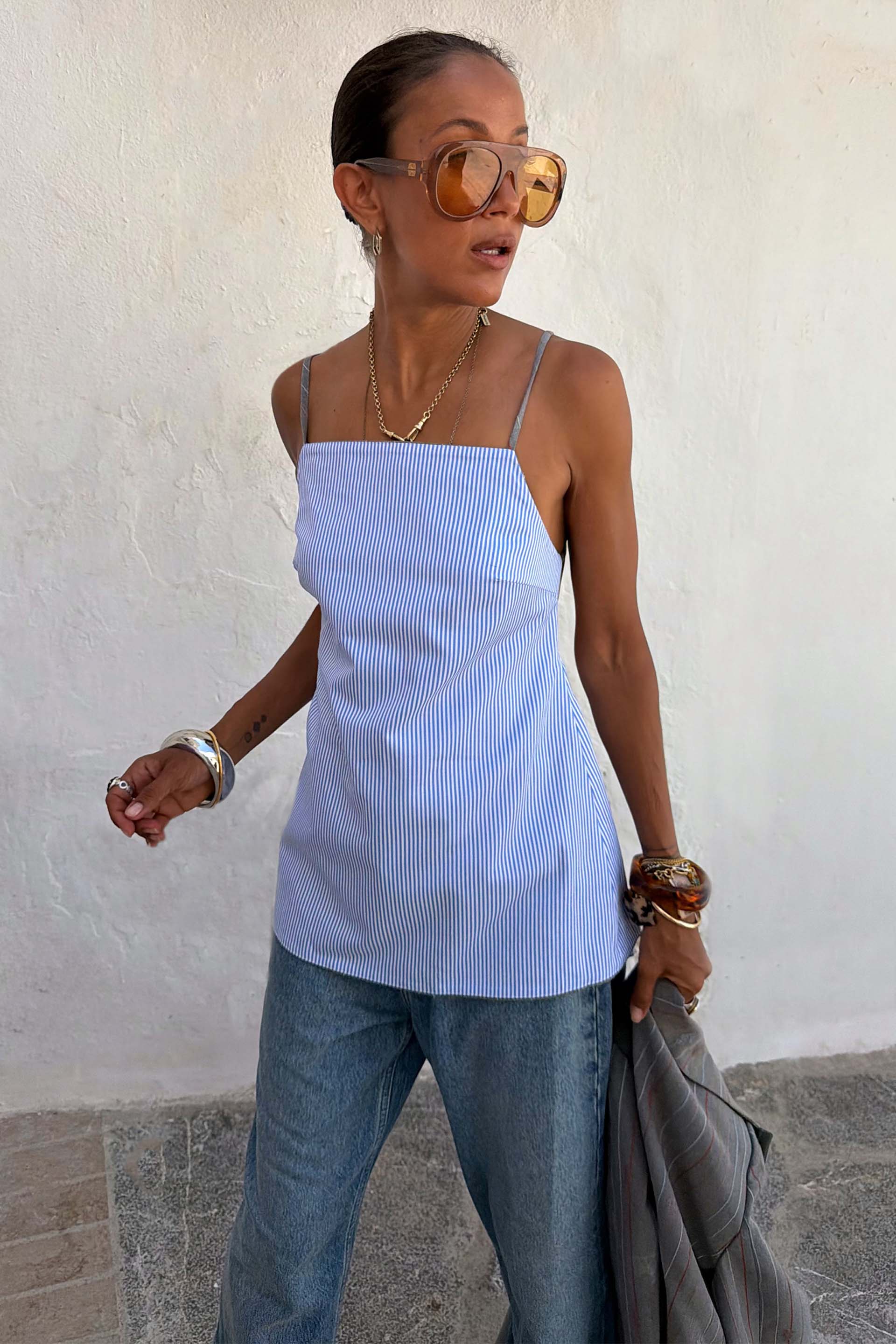 Grey Love Pinstripe Backless Top