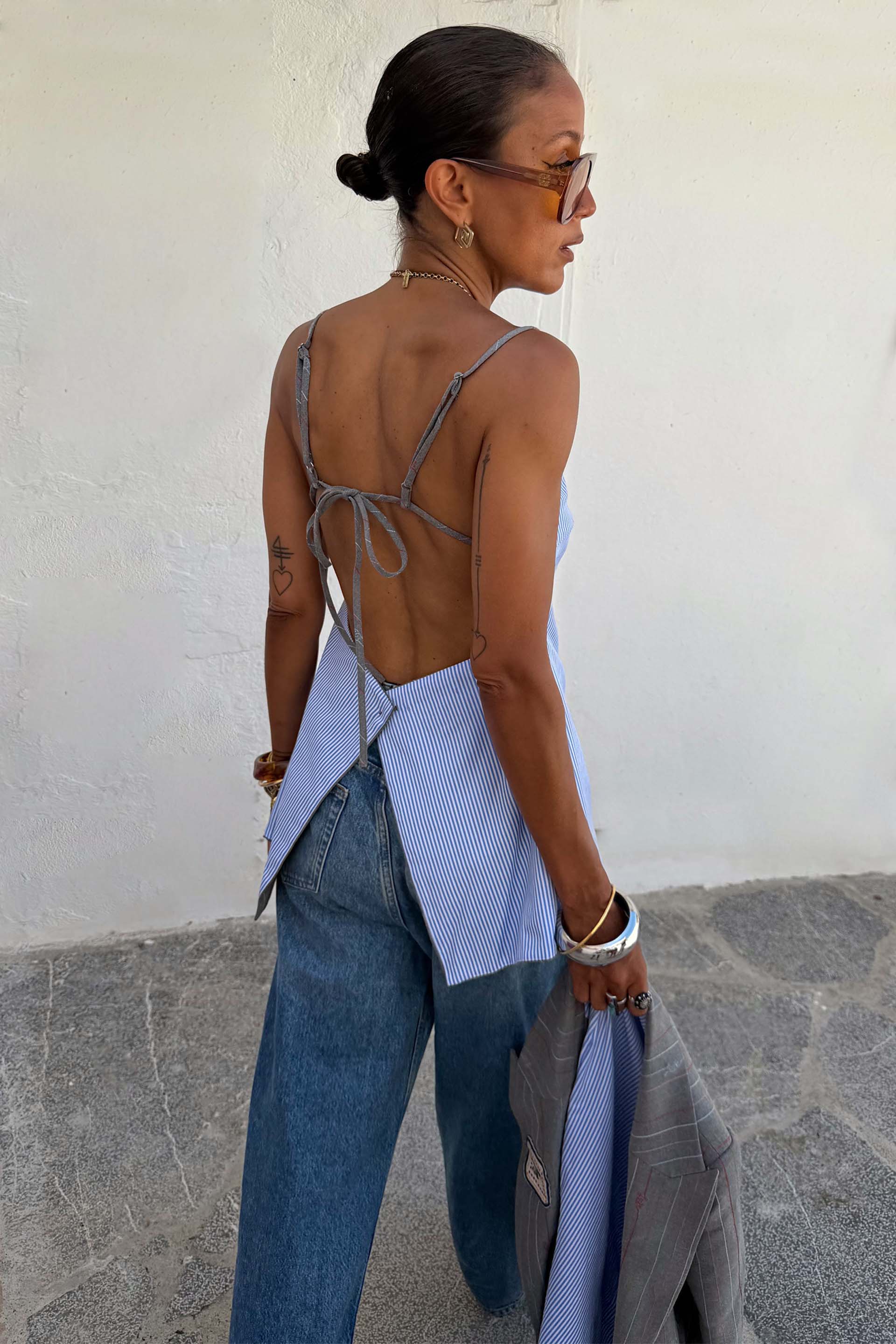 Grey Love Pinstripe Backless Top
