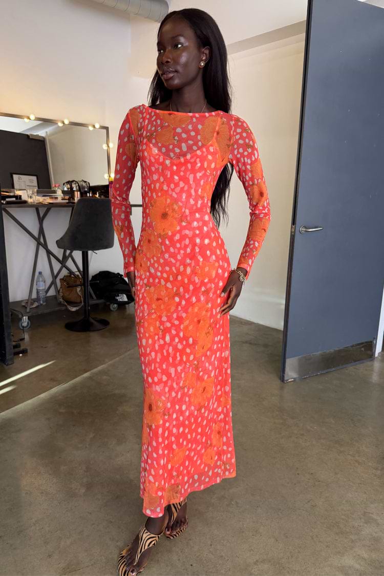 Coral Fawn Poppy Aria Dress in sheer mesh with a pink deer and orange poppy print over a matching slip.