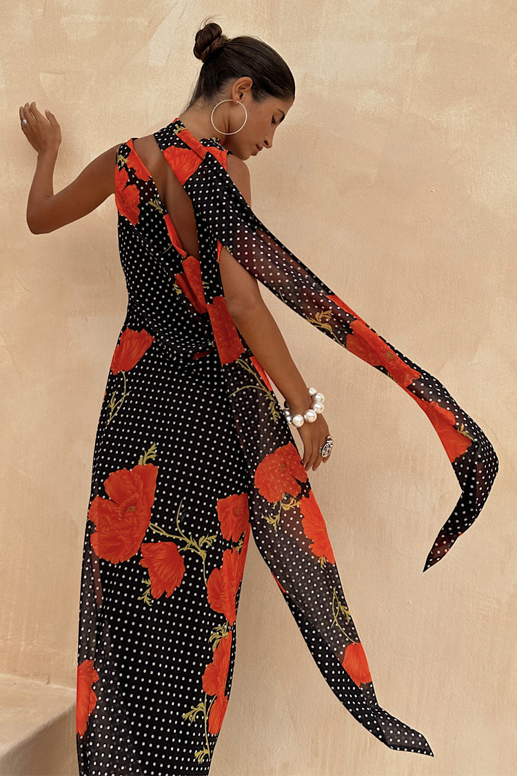 Black Poppy Sophie Dress with a red poppy and polka dot print and statement multi-wear scarf detail.