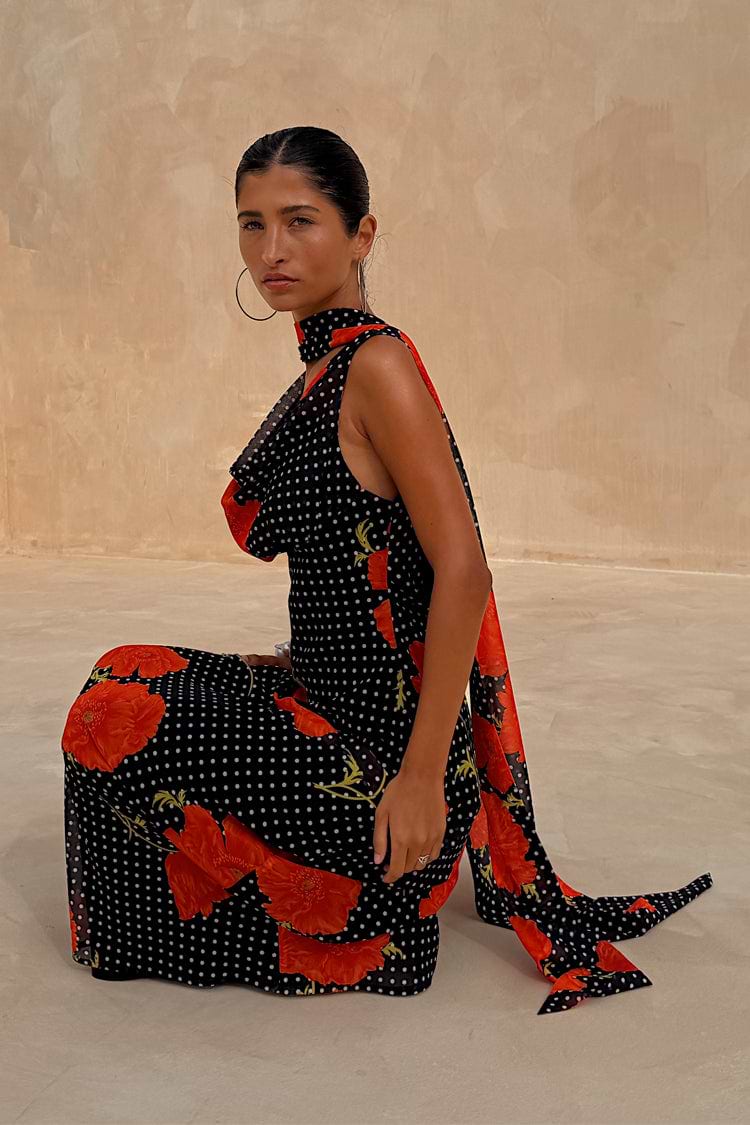 Petite Black Poppy Sophie Dress with a polka dot and red poppy print featuring a trailing scarf.