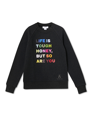 Charcoal Life is Tough Honey Sweatshirt with colourful embroidery, accessible neckline zips and thumb hole cuffs.