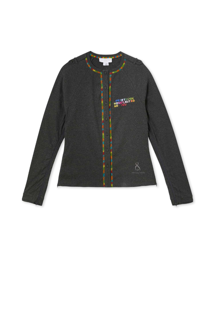 Charcoal Life Is Tough Honey T-shirt with rainbow slogan embroidery and multicoloured detailing at the neckline.