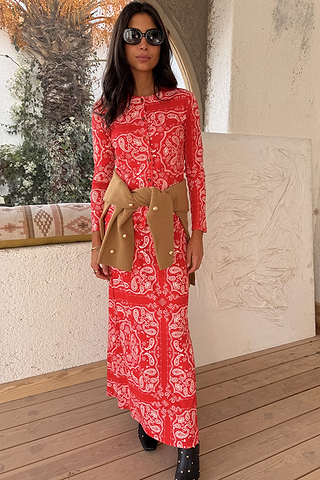 Red Bandana Rib Dorris Skirt in an iconic red bandana print and ribbed fabric, styled as a matching co-ord.