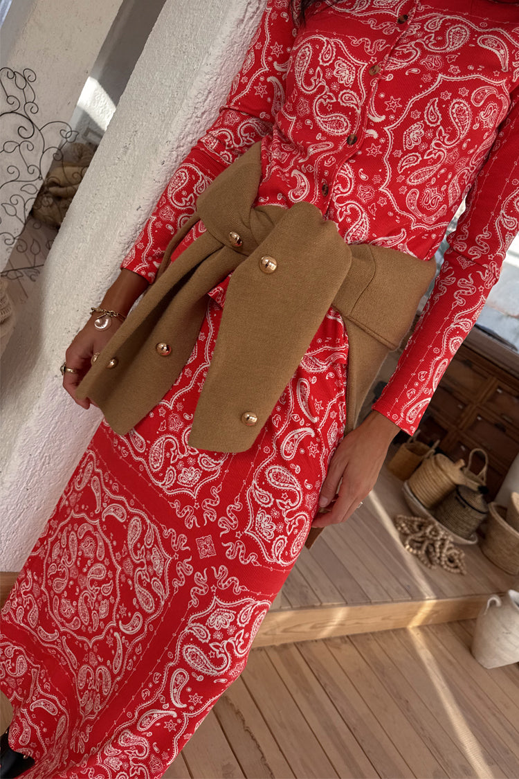 Red Bandana Rib Dorris Skirt co-ord with a matching top and a tan cardigan tied around the waist.
