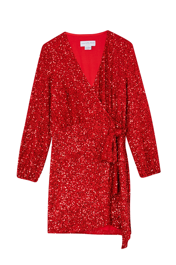 Red Sequin Mini Vienna Dress featuring a wrap waist fastening, V-neckline and long sleeves.