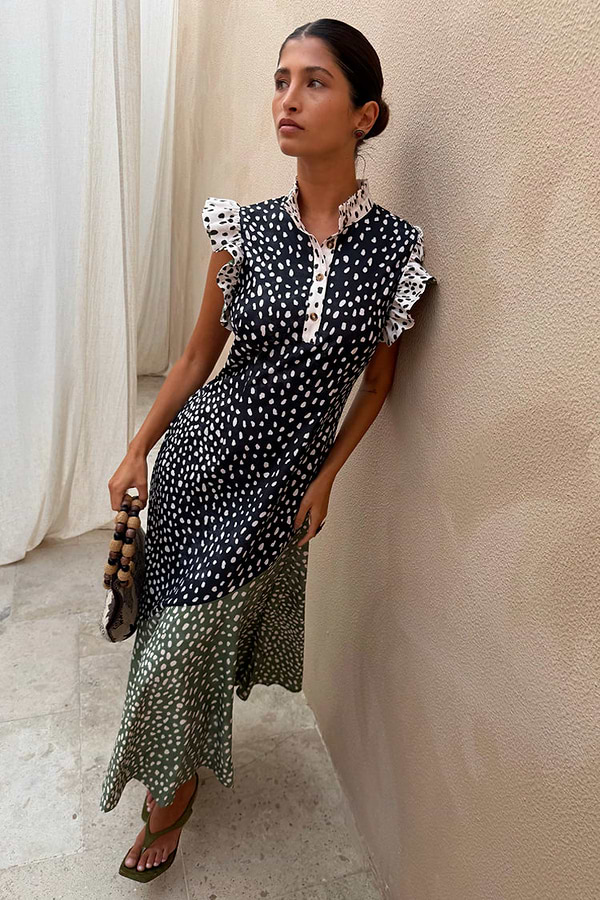 Mix Fawn Spot Remi Dress featuring an asymmetric skirt and pleated frills in a neutral watercolour spot print.