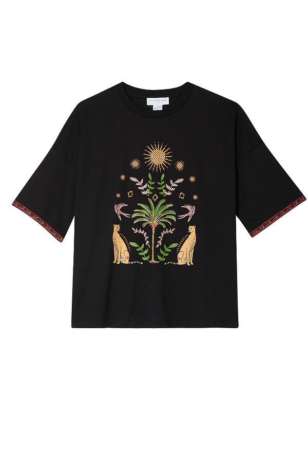 Black cotton Running Wilder T-shirt with a central leopard and palm tree graphic, featuring a boxy, relaxed fit.
