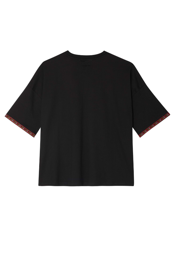 Back of the black cotton Running Wilder T-shirt featuring a boxy relaxed fit and patterned sleeve cuffs.