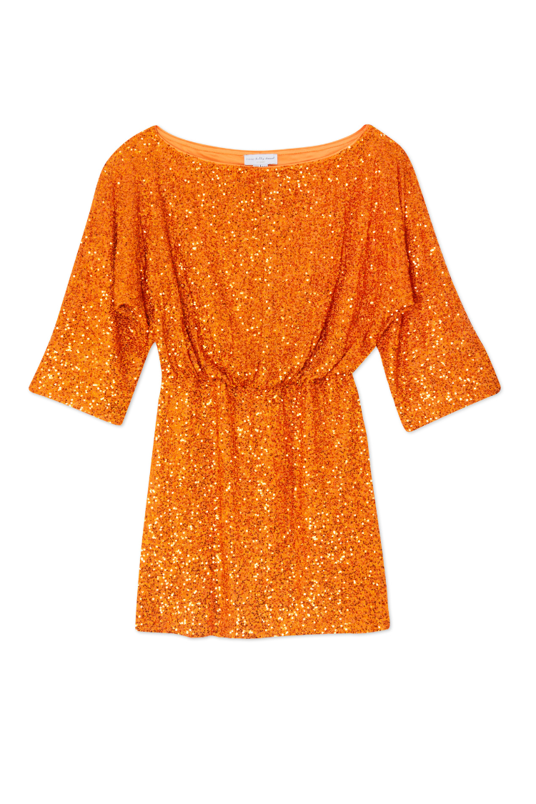 Orange Sequin Tilly mini dress featuring shimmering burnt orange sequins, wide sleeves, and an elasticated waist.