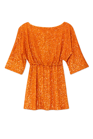 Orange Sequin Tilly Dress featuring shimmering burnt orange sequins, an elasticated waist and wide mid-length sleeves.