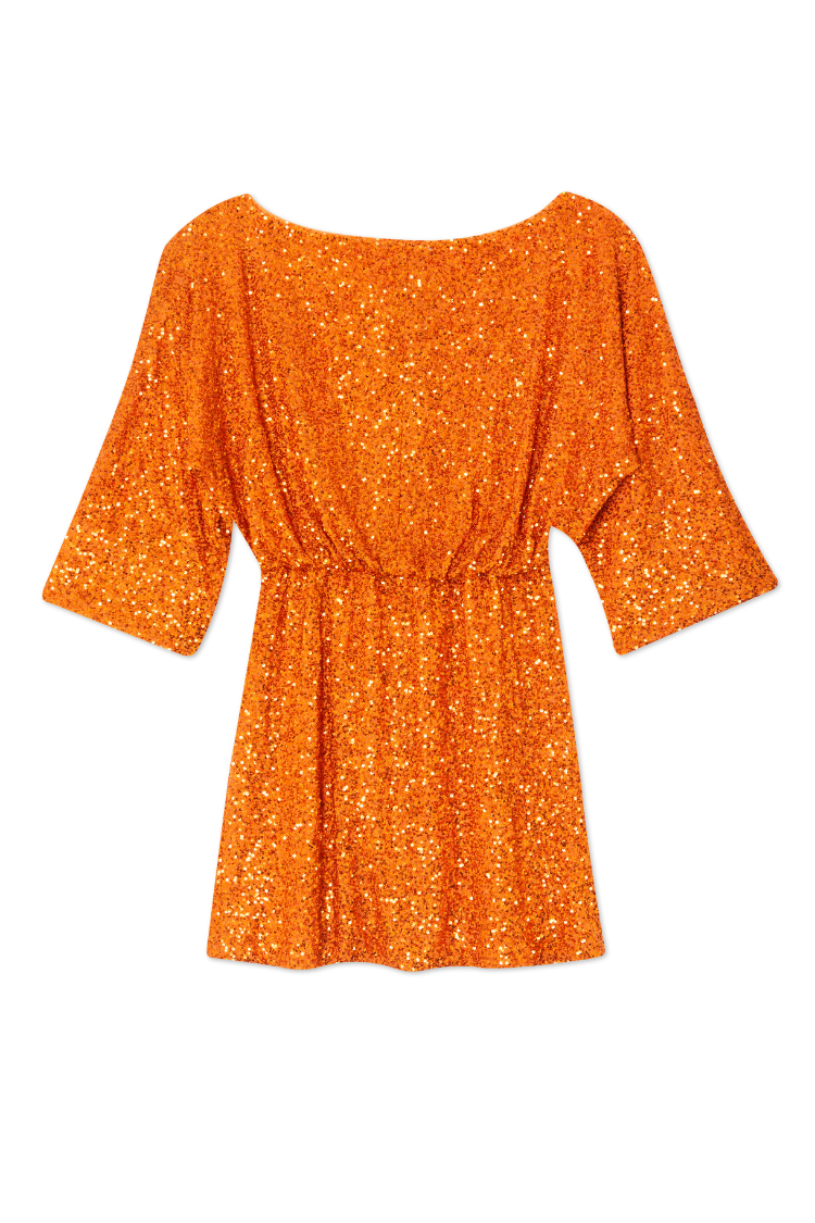 Orange Sequin Tilly Dress featuring shimmering burnt orange sequins, an elasticated waist and wide mid-length sleeves.