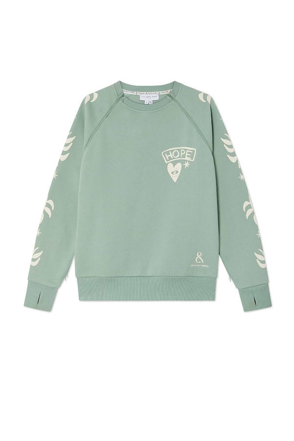 Sage green Sundazed Accessible Sweatshirt with cream palm sleeve prints, Hope chest graphic and zips for inclusive fashion.