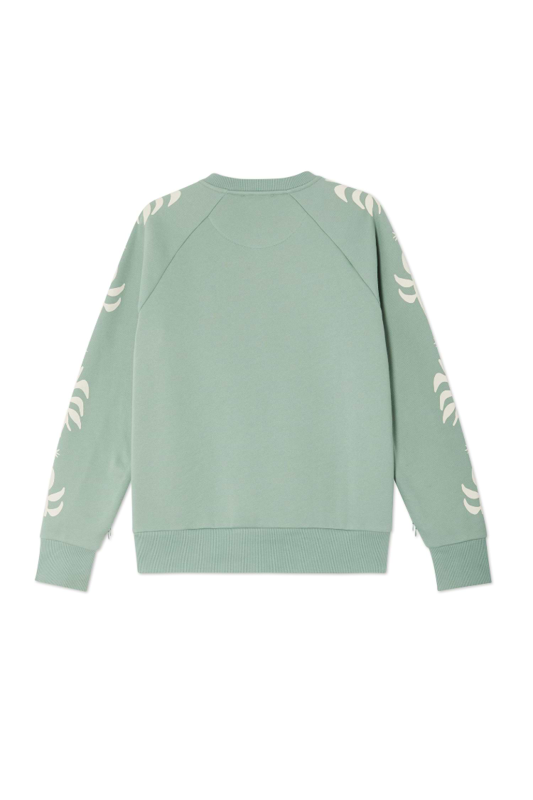 Sage Sundazed Accessible Sweatshirt in sage green with cream palm prints on the sleeves, shown from the back.