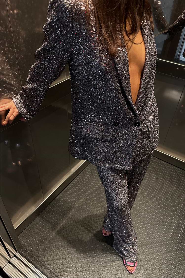 Gunmetal Sequin Freddie Trousers and matching blazer styled as a shimmering statement partywear suit.