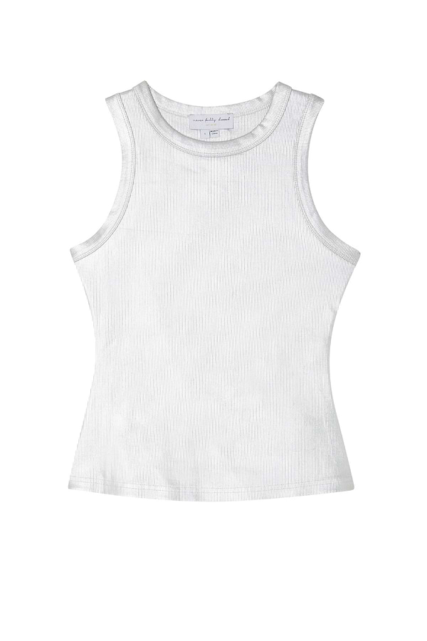 Metallic silver ribbed tank top with a round neckline and sleeveless design.