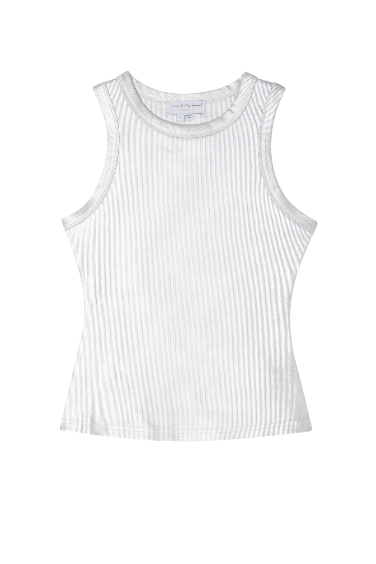 Metallic silver ribbed tank top with a round neckline and sleeveless design.