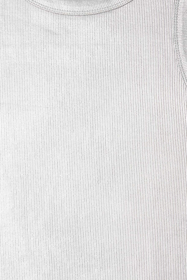 Close up detail of the metallic silver ribbed fabric on the Silver Ribbed Tank Top.
