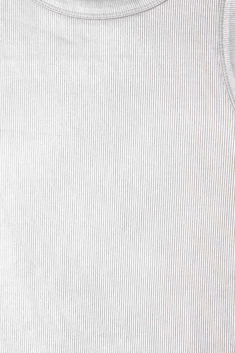 Close up detail of the metallic silver ribbed fabric on the Silver Ribbed Tank Top.
