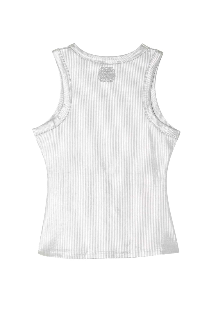 Silver ribbed tank top with a metallic finish and embroidered logo shown from the back.