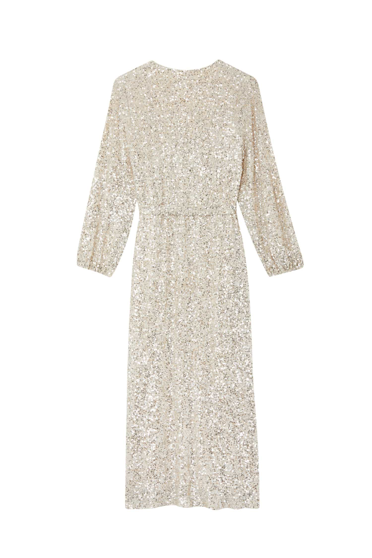 Silver Sequin Kira Wrap Dress with long sleeves and a shimmering sequined texture, shown from the back.