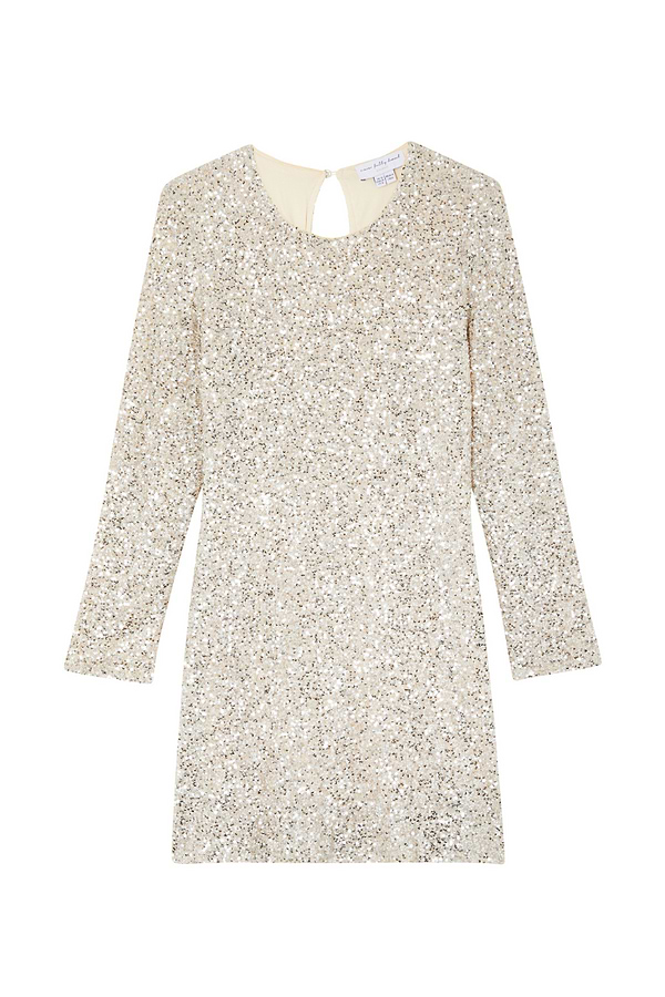 Silver Sequin Mini Soho Dress featuring shimmering sequins, long sleeves and a back keyhole fastening.