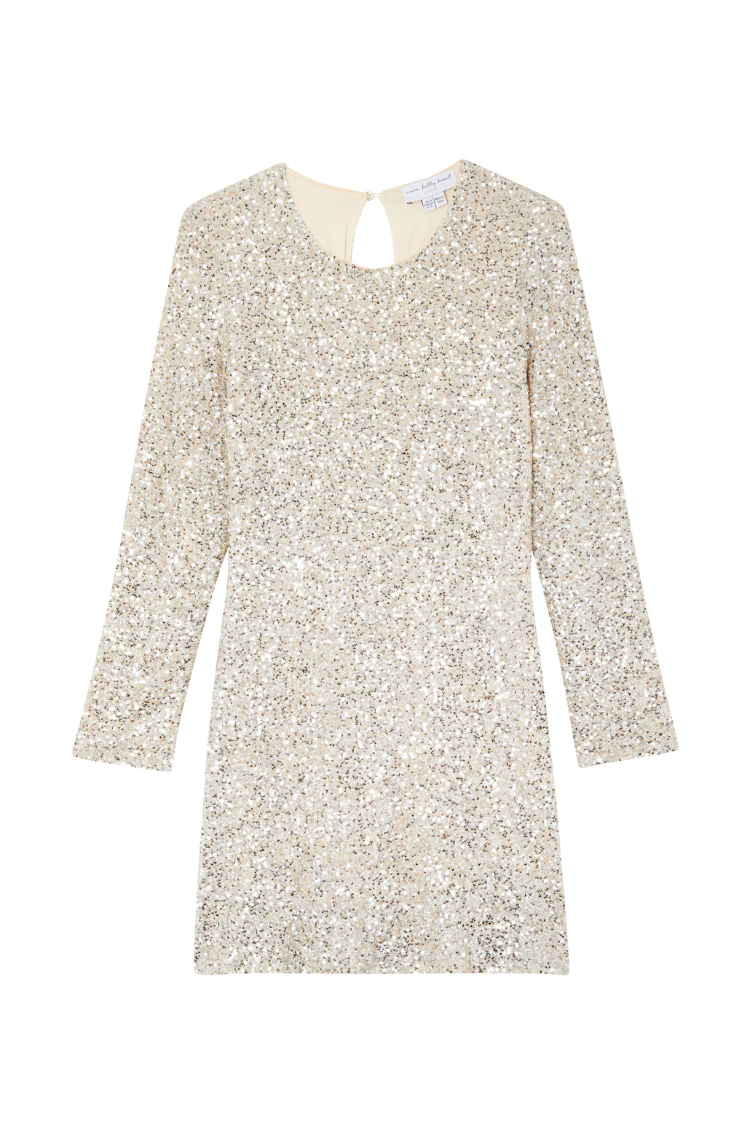 Silver Sequin Mini Soho Dress featuring shimmering sequins, long sleeves and a back keyhole fastening.
