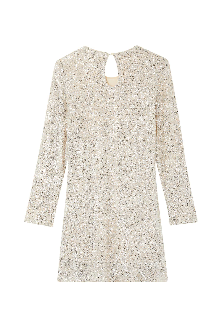 Silver Sequin Mini Soho Dress with long sleeves and a shimmering keyhole button fastening at the back.