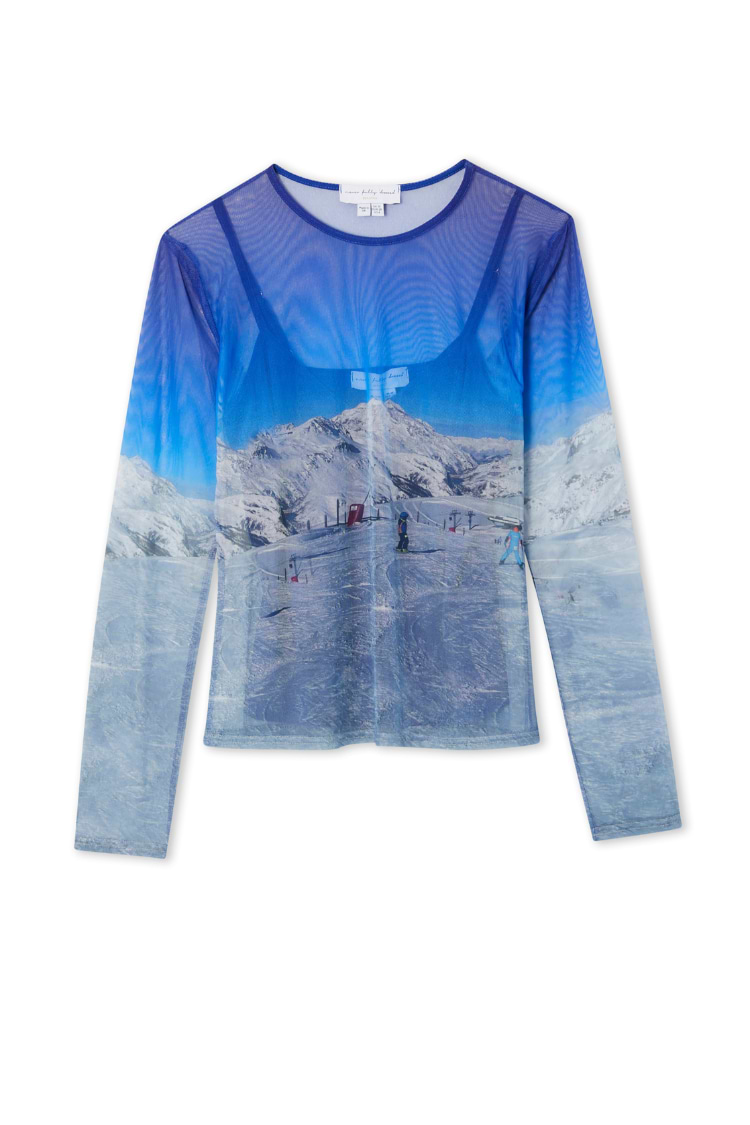 Ski Slopes Mesh Long Sleeve Top in blue featuring a snowy mountain landscape print and matching slip vest.